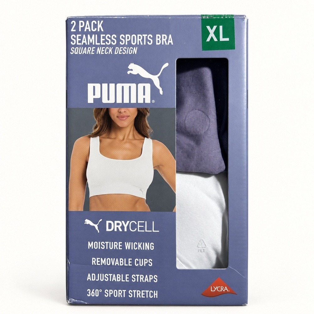 Puma 2 Pack Square Neck Sports Bra Purple White Seamless XL DryCell Convertible